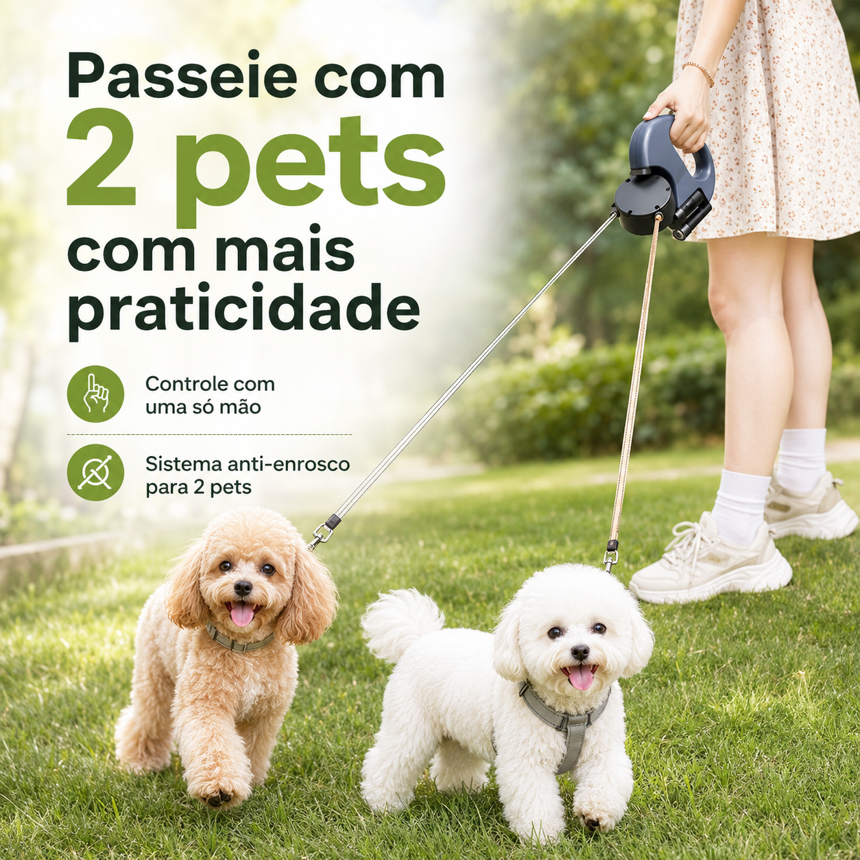 Guia Dupla Retrátil 360° com LED para 2 Cães