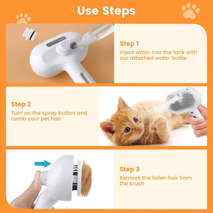 Escova a Vapor 3 em 1 — Higiene, Massagem e Penteado para Cães e Gatos