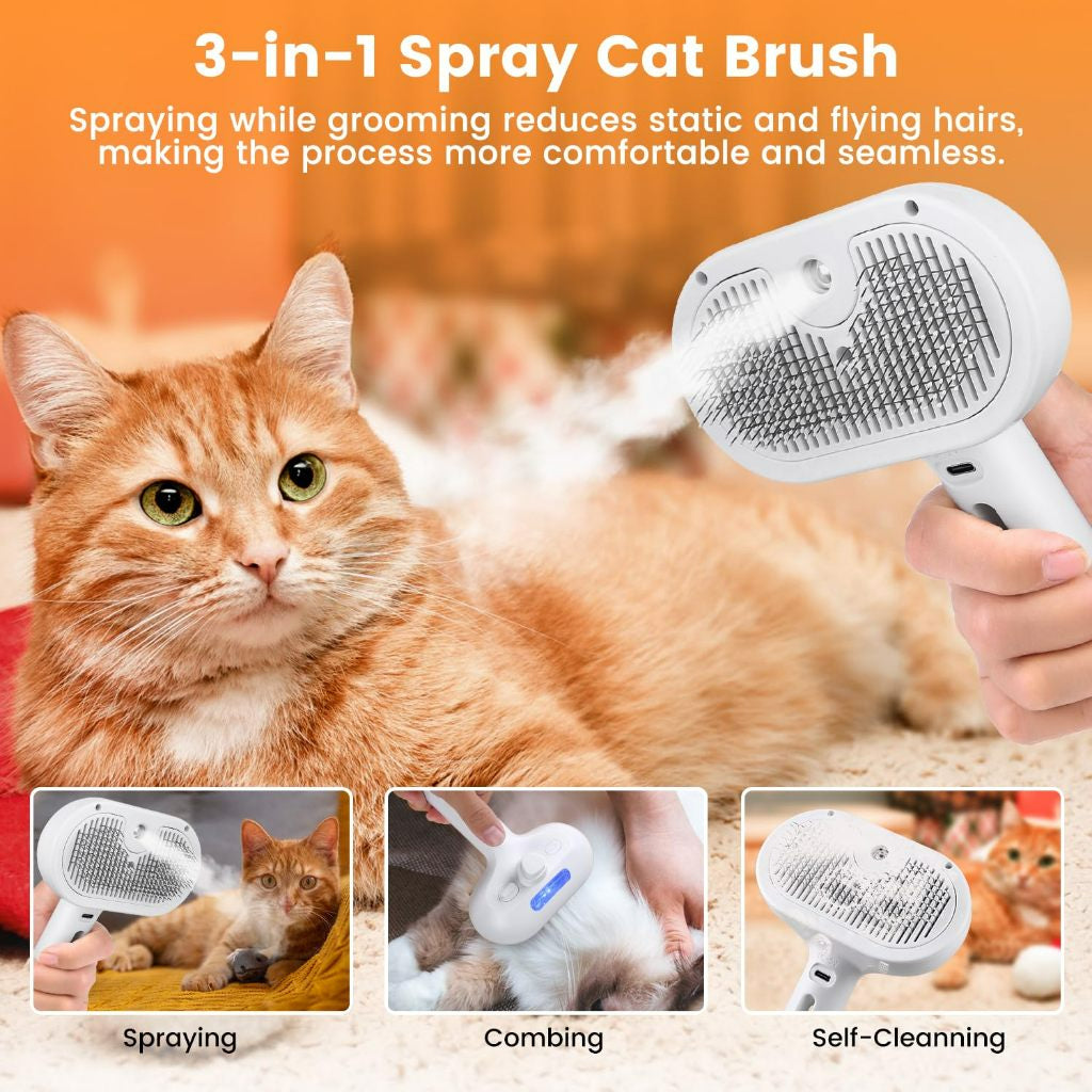Escova a Vapor 3 em 1 — Higiene, Massagem e Penteado para Cães e Gatos