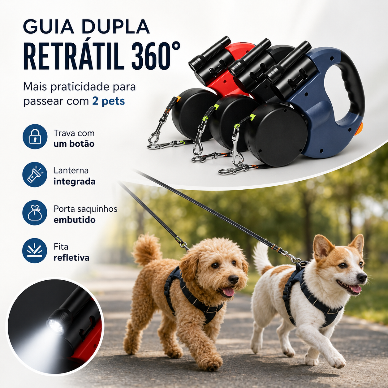 Guia Dupla Retrátil 360° com LED para 2 Cães